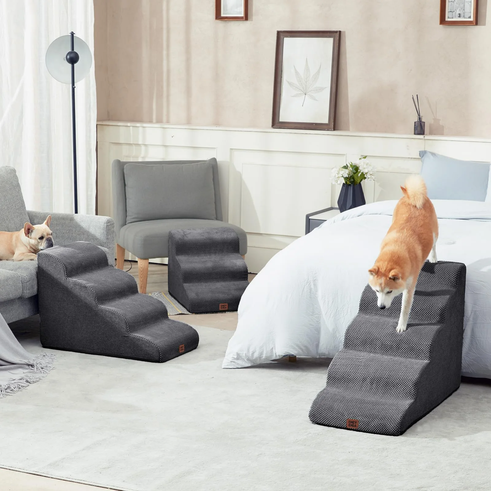 Foam dog stairs against the side of a bed.